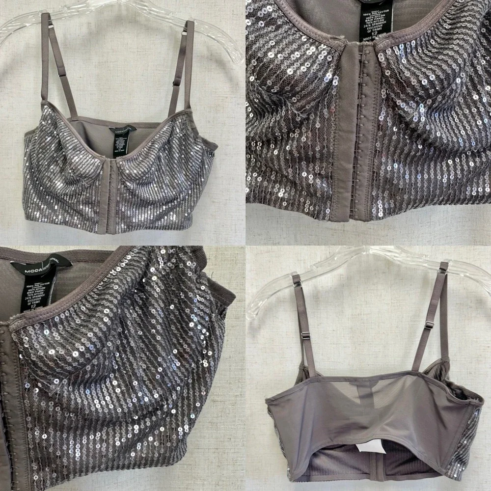 Moda International Sequin Bustier Crop Top Charcoal Grey Corset Bralette Size 12